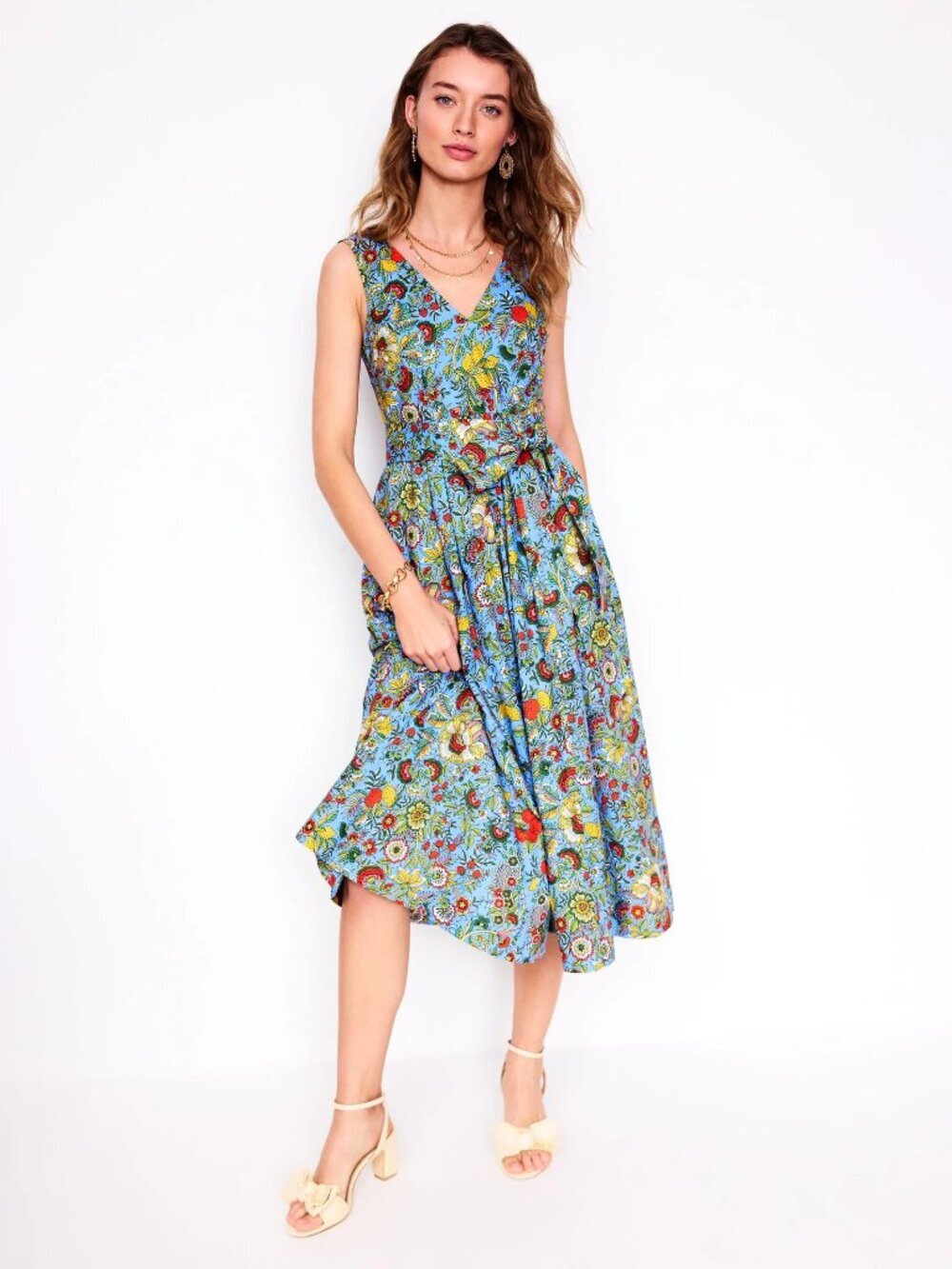 BODEN Josefina Blue Floral 100% Cotton Poplin V-Neck Fit & Flare Dress, Size 0